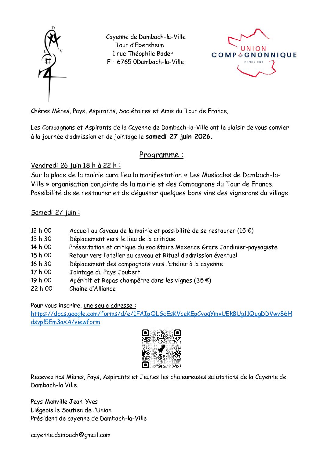 Einladung der Union Compagnonnique am 27. Juni 2026